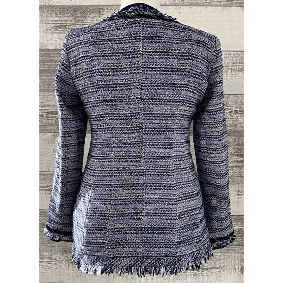 White House Black Market Blazer Women's 8 Blue White Tweed Fringe Chain Accents - Picture 2 of 10